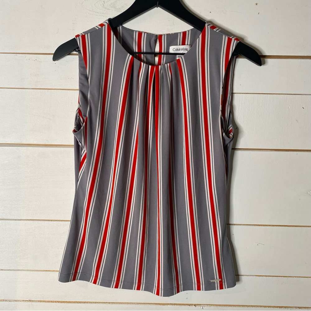 Calvin Klein Red and Gray Striped Blouse